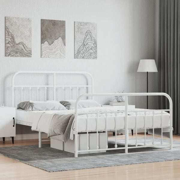 vidaXL Bed Frame White Powder-Coated Steel 55 x 79 in Bed Frame