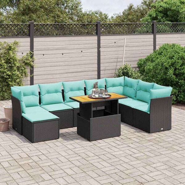 vidaXL 9 Piece Patio Sofa Set with Cushions Black Poly Rattan