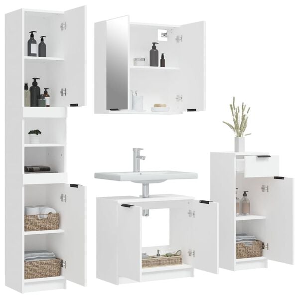 vidaXL Bathroom Furniture Set White Engineered wood, glass Tall
