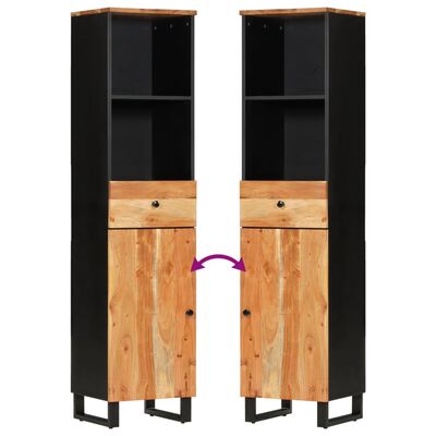 Pair of tall cabinets with black bodies and wooden doors, shown side by side with purple arrow indicating interchangeability.