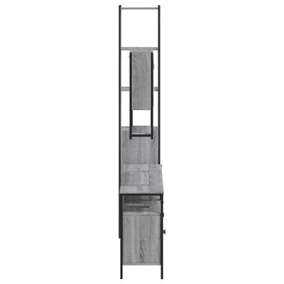 Tall slender cabinet with multiple shelves and a lower storage compartment in gray wood finish.
