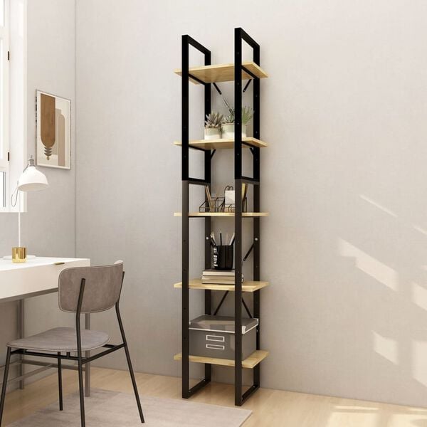 vidaXL Book Cabinet Natural wood and black Pinewood and metal Medium
