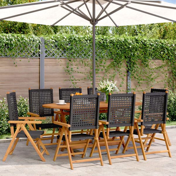 vidaXL Garden Chair Set of 8 Black Solid acacia wood and PE rattan