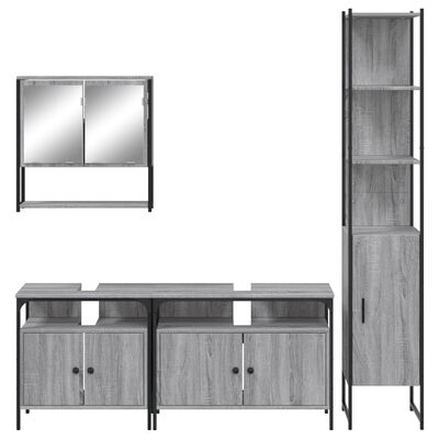 Wall-mounted mirrored cabinet and base cabinet set, gray wood finish.