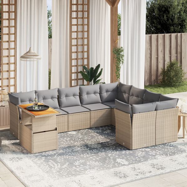 vidaXL Garden Sofa Set Beige PE Rattan 10 Piece Adjustable Armrests