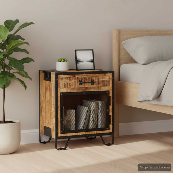 vidaXL Bedside Cabinet Brown and Black Solid Rough Mango Wood, Steel