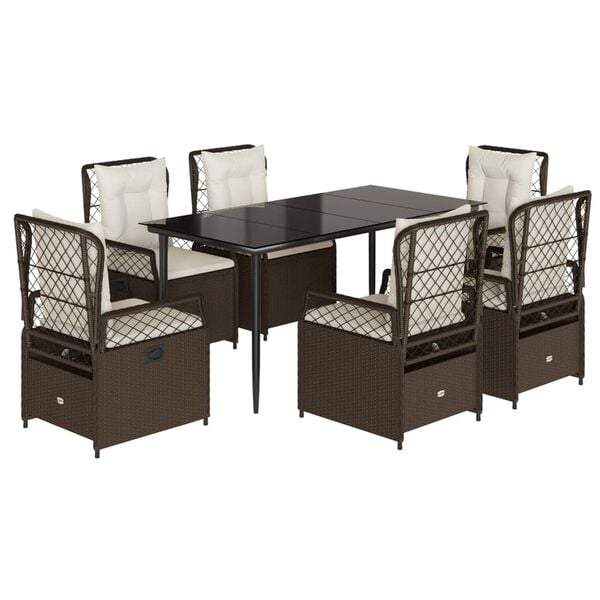 vidaXL 7 Piece Patio Dining Set with Cushions Brown Poly Rattan