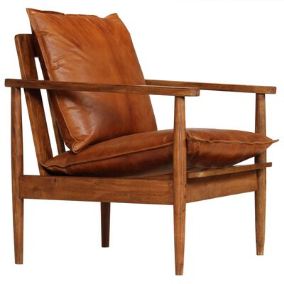 vidaXL Armchair Brown Real Leather with Acacia Wood