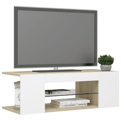 vidaXL TV Cabinet with LED Lights White and Sonoma Oak 35.4"x15.4"x11.8"
