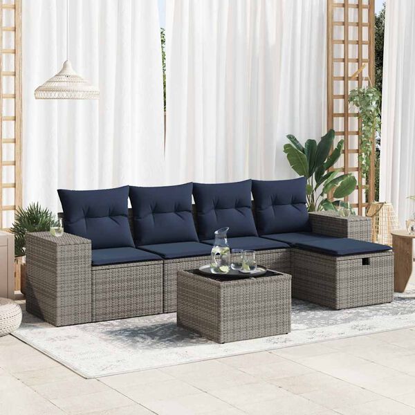 vidaXL 6 Piece Patio Sofa Set with Cushions Gray Poly Rattan