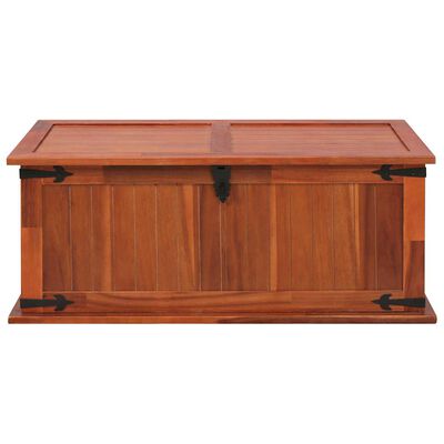 Wooden storage chest with hinged lid open, showing interior storage space and lid panels.