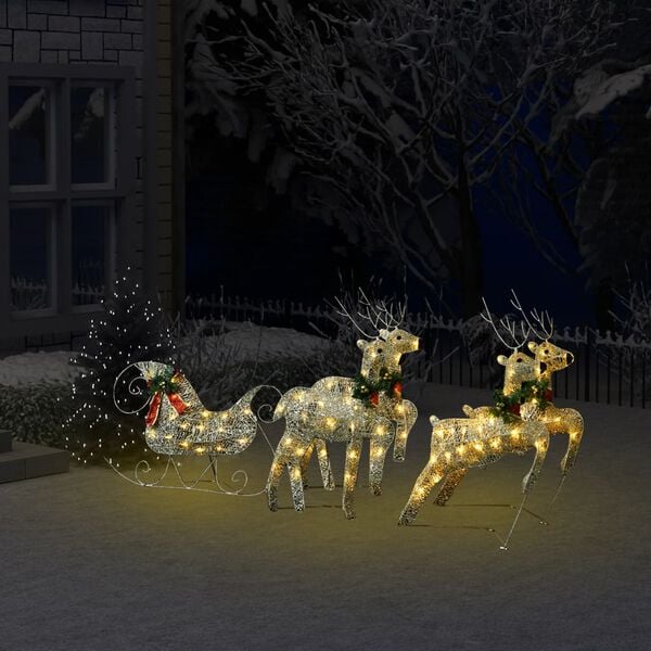 vidaXL Reindeer And Sleigh Christmas Decoration Set of 4 Gold Mesh, Metal