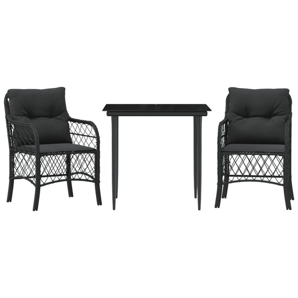 vidaXL Bistro Set Black Poly Rattan, Steel, Tempered Glass, Polyester