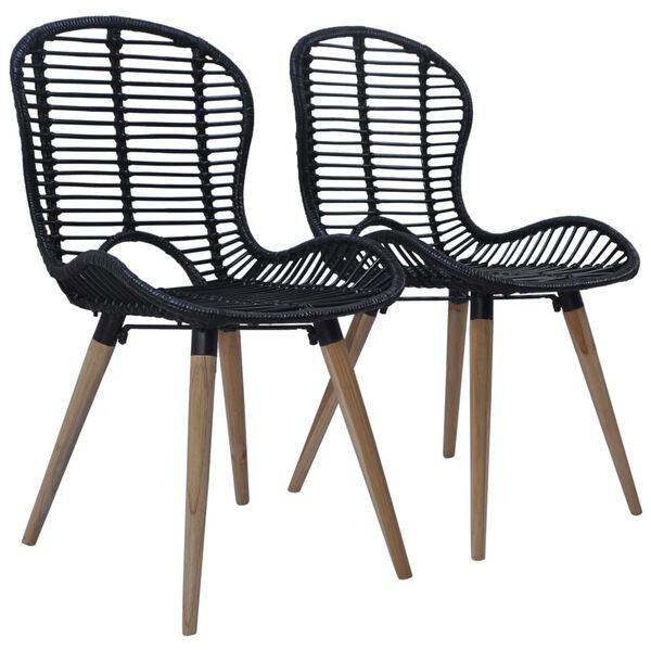 vidaXL Dining Chair Set of 2 Black Natural rattan, Wooden legs