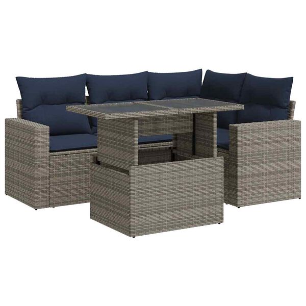 vidaXL 5 Piece Patio Sofa Set with Cushions Gray Poly Rattan Acacia