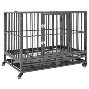 vidaXL Dog Cage Black and Silver Steel Medium Lockable Wheels Dog Cage