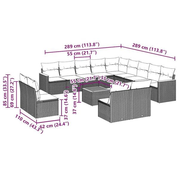 vidaXL Garden Sofa Set Black PE rattan Large Adjustable Feet