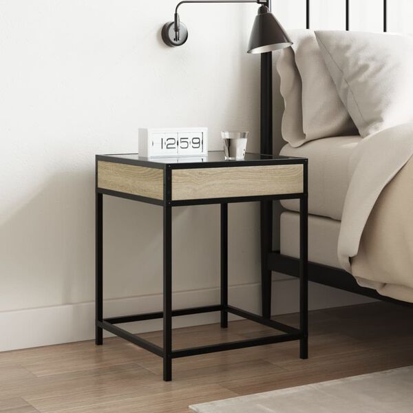 vidaXL Bedside Table Sonoma Oak Engineered Wood, Glass, Steel Standard