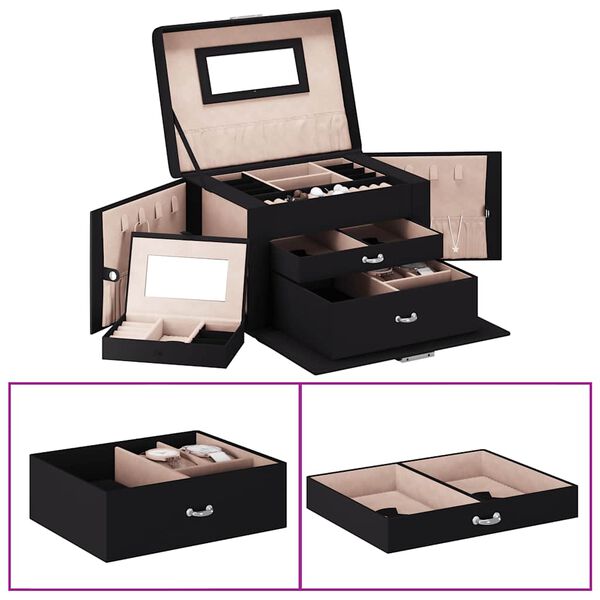 vidaXL Jewellery Box 3-Layer with Mirror Lockable Black 10.2x7.1x6.9"