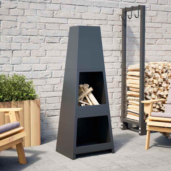 vidaXL Patio Fireplace with Log Store Tower Design Black Steel