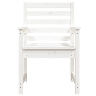 Close-up of a white wooden armchair with slatted back and wide armrests.