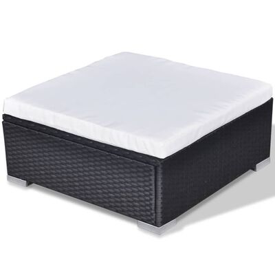Storage ottoman/footstool with white cushion on top, dark wicker base.