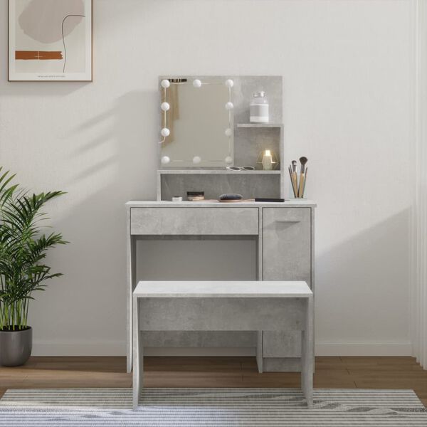 vidaXL Dressing Table Set With LED Concrete grey Engineered wood Medium