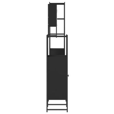 Tall narrow black wardrobe cabinet with metal frame and adjustable feet, viewed from above.
