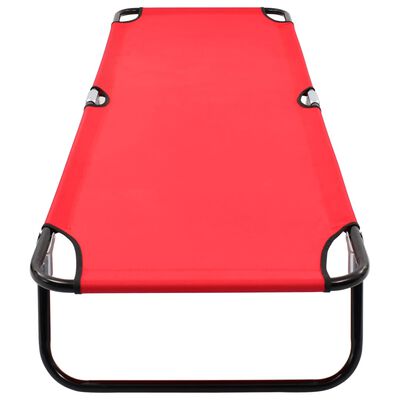 Red cot surface showing corner supports and legs.