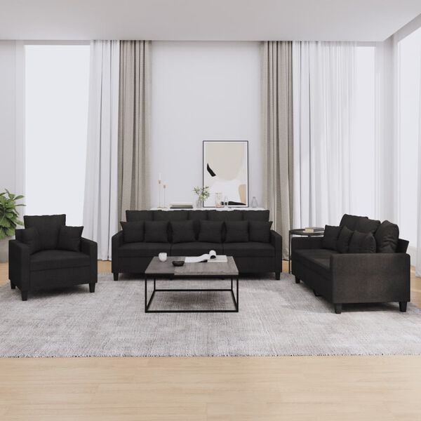 vidaXL Sofa Set Black Fabric 100% Polyester, Metal, Plywood 3 Piece