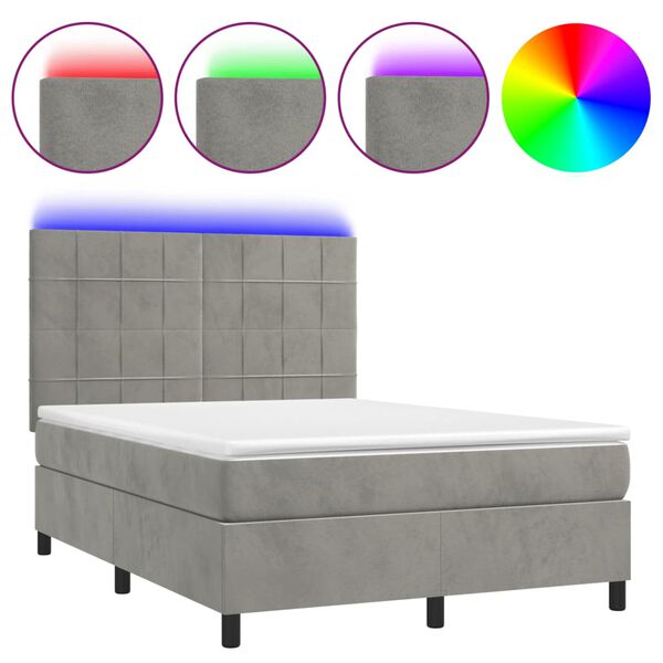 vidaXL Box Spring Bed with Mattress&LED Light Gray 53.9"x74.8" Full Velvet