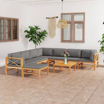 vidaXL 9 Piece Patio Lounge Set with Gray Cushions Solid Teak Wood