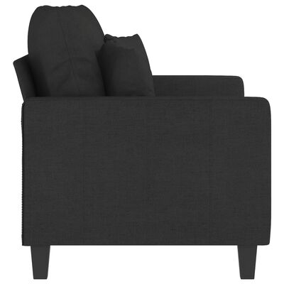 Right-side view of a black fabric sofa showing armrest and back cushions