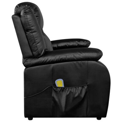 Side view of black reclining armchair highlighting seat, backrest, and armrest with storage pocket
