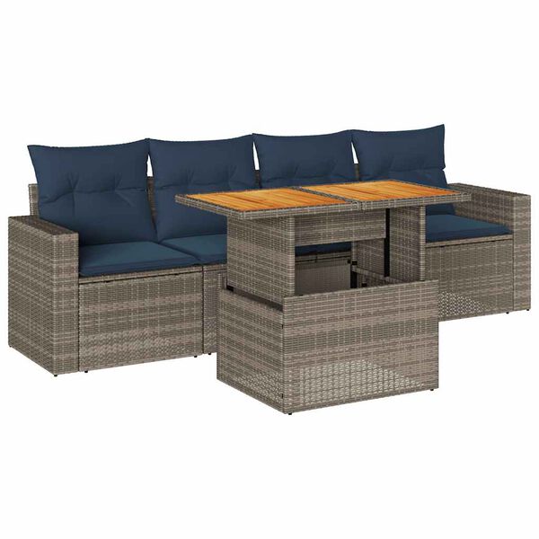 vidaXL 5 Piece Patio Sofa Set with Cushions Gray Poly Rattan