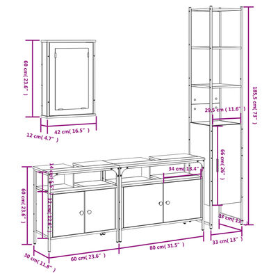 Technical dimensions diagram of a modular bathroom storage set with multiple measurements in pink.