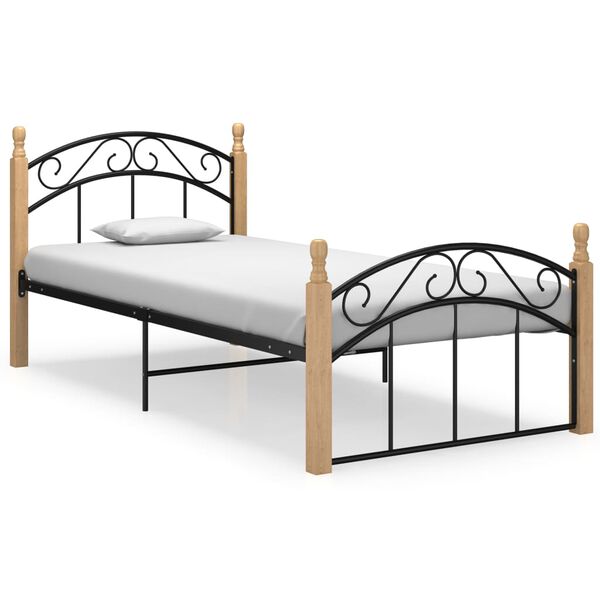 vidaXL Bed Frame Black and Natural Powder-coated Metal, Solid Oak Wood