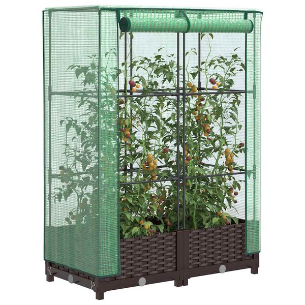 vidaXL Raised Bed Brown Rattan, Green Net Polypropylene, Iron, Polyethylene