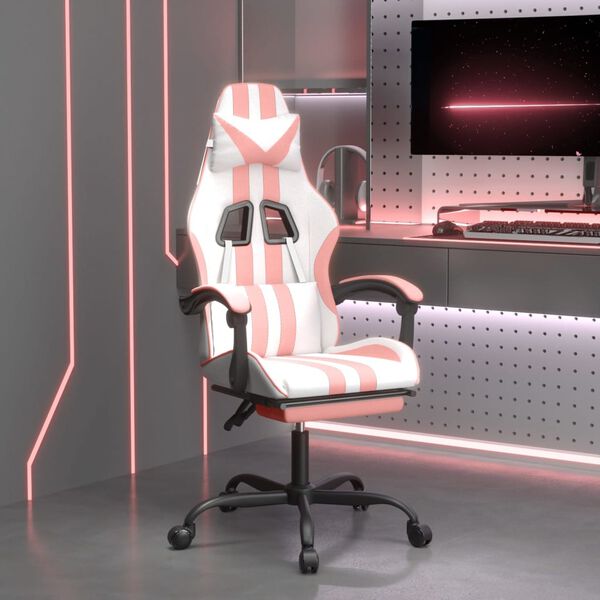 vidaXL Gaming Chair with Footrest White and Pink Faux Leather