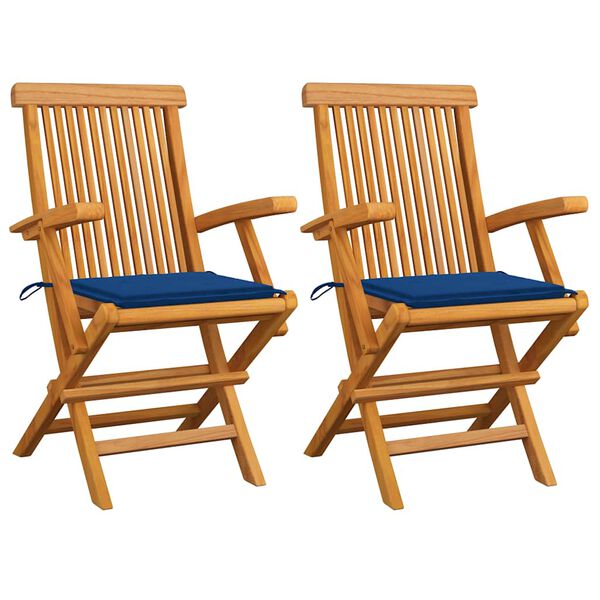 vidaXL Patio Chairs with Royal Blue Cushions 2 pcs Solid Teak Wood