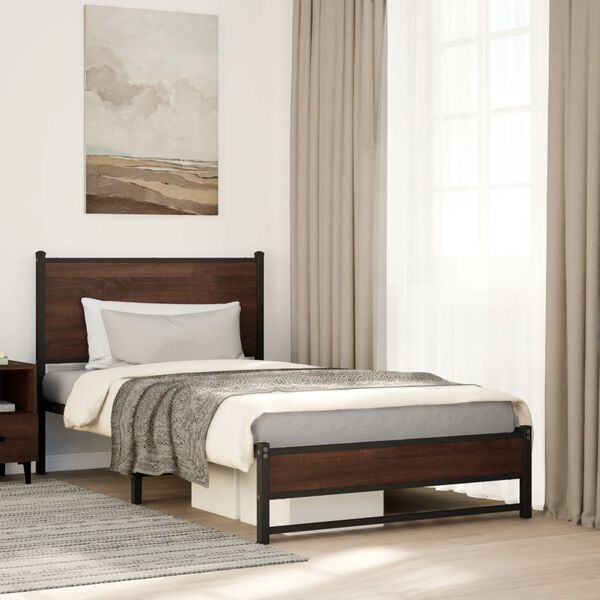 vidaXL Bed Frame Brown oak Steel, engineered wood Single Modern
