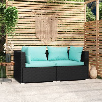 vidaXL 2-Seater Sofa with Cushions Black Poly Rattan
