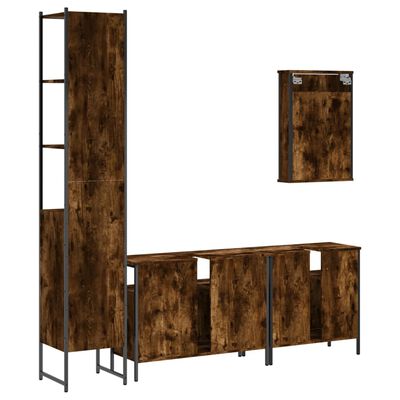 Floor and wall-mounted storage units: tall open cabinet on left, long horizontal console with multiple cabinets, and a small wall cabinet on the right.