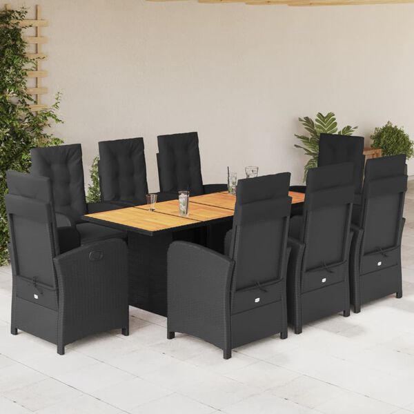 vidaXL 9 Piece Patio Dining Set with Cushions Black Poly Rattan
