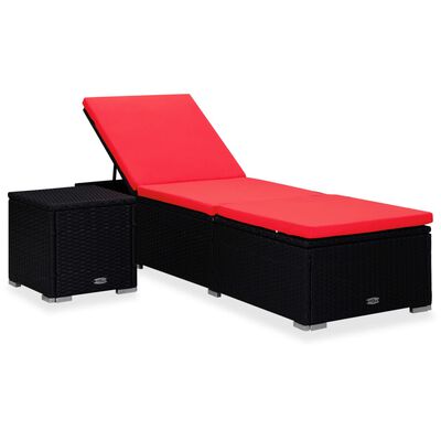 vidaXL Sun Lounger with Cushion and Tea Table Poly Rattan Red