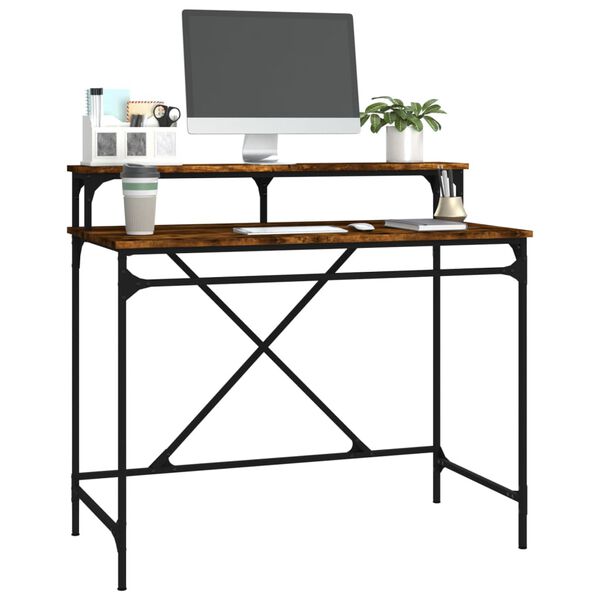 vidaXL Desk Smoked Oak Engineered Wood, Iron 39.4 x 19.7 x 35.4 in Desk