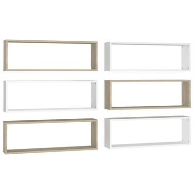 vidaXL Wall Cube Shelves 6 pcs White&Sonoma Oak 31.5"x5.9"x10.4" Engineered Wood