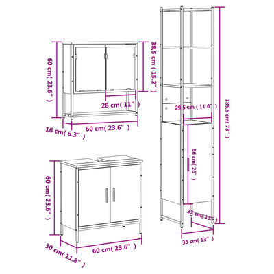 Dimensions diagram of modular bathroom storage unit with measurements in pink and purple