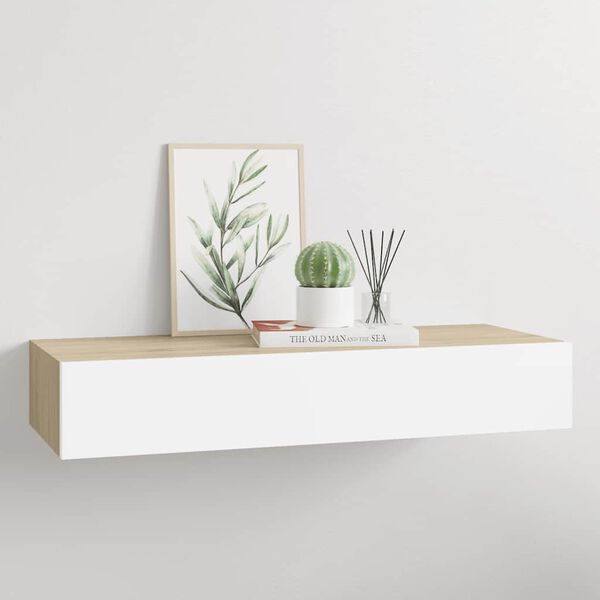 vidaXL Wall-mounted Drawer Shelf Oak and White 60x23,5x3.9 " MDF