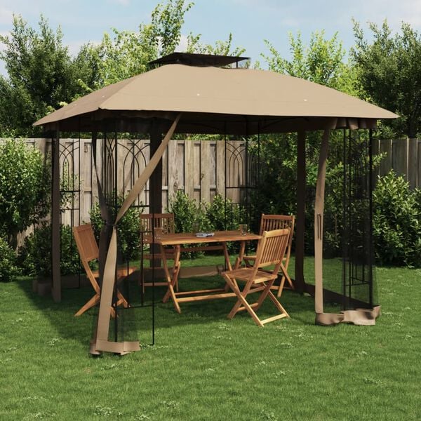 vidaXL Gazebo with Double Roof&Mesh Walls Taupe 9.6'x9.6' Steel